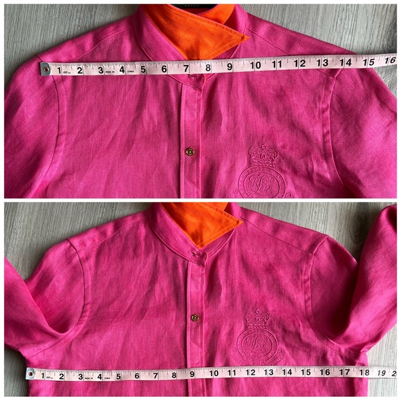 Ralph Lauren Petite Small Embroidered Crest Linen Women’s Shirt Fuchsia Pink - Picture 12 of 16